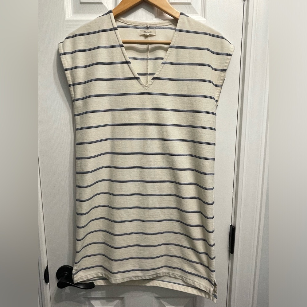 Madewell Vacances Knit Mini Shift Tunic Dress Cream Blue Striped Oversized XXS